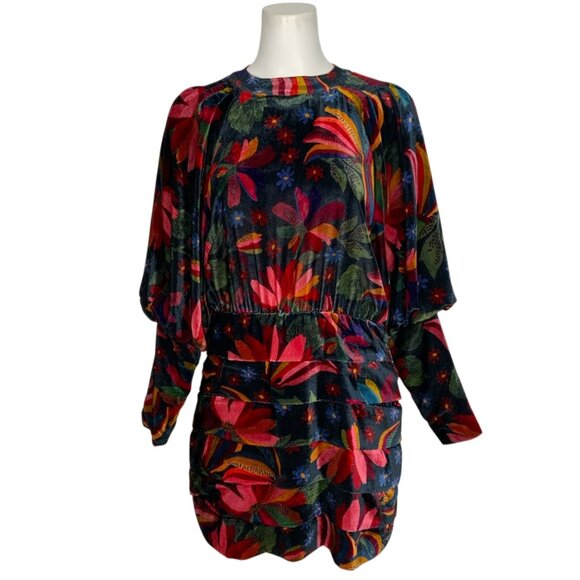 Farm Rio Black Banana Sky Velvet Dress S Floral Long Sleeve Mini Multicolor - Picture 1 of 14